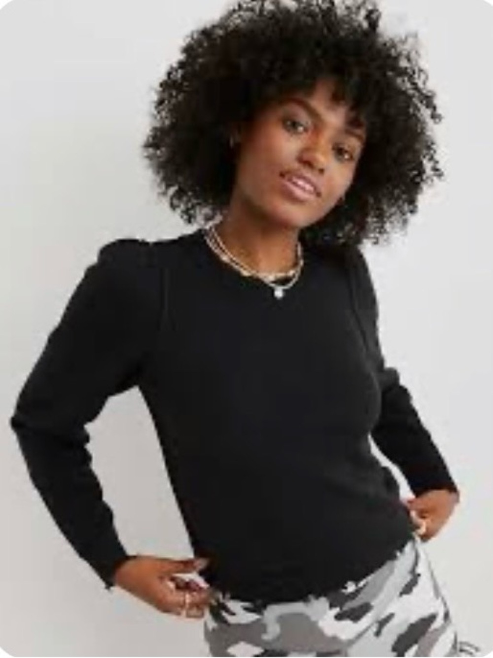 Aerie Puff Sleeve Cozy Up Shrunken Crew Neck Distressed Cropped Black Sweater M